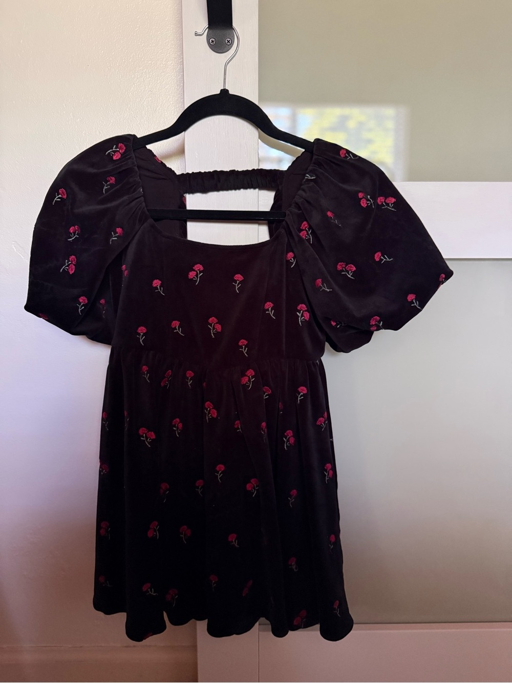Kids Velvet Dress with Red Rose Embroidery - NoraLee